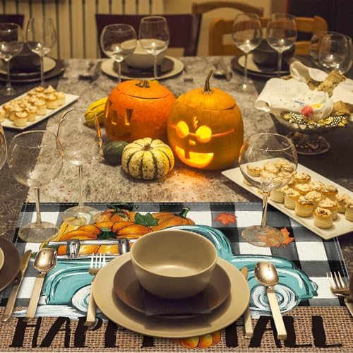 Niviy Buffalo Plaid Check Pumpkins Truck Fall Placemats Set of 6, 12x18 Inch Autumn Thanksgiving Table Mats for Holiday Party Kitchen Dining Room Decoration