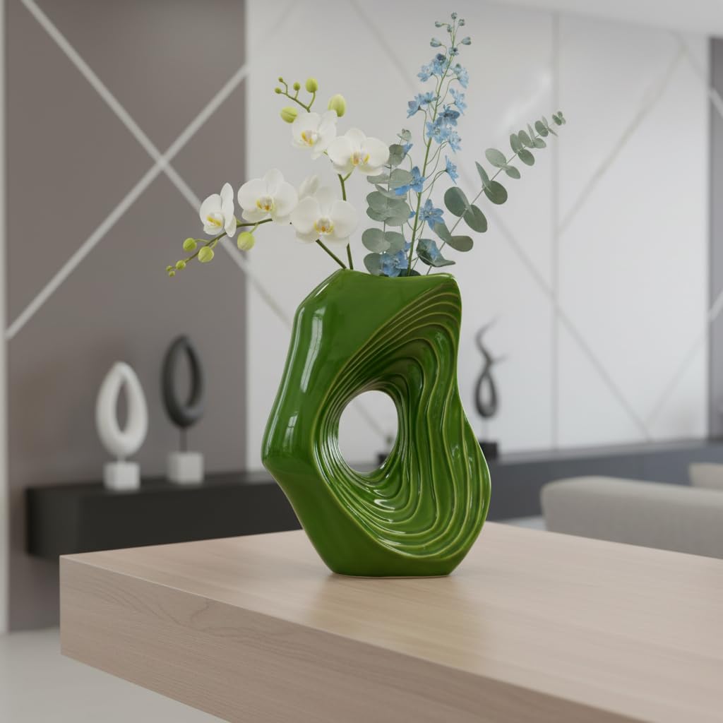 Donut Ceramic Vase / Green / 11 Inch