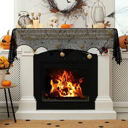 Halloween Mantle Scarf 2 Pcs Lace Spiderweb Fireplace Mantel Scarf,Halloween Mantel Decor for Cloth Table Runner,Halloween Decorations Indoor Festive Party Supplies 96 x 18 Inch White and Black