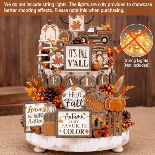 Shellwei 20 Pcs Fall Tiered Tray Decor Set, Thanksgiving Wooden Table Sign