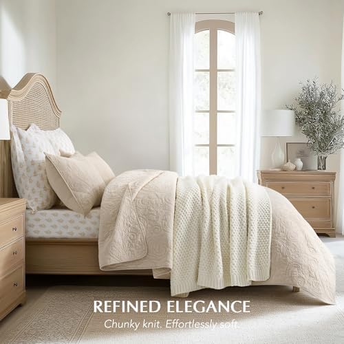 EVERGRACEHOME Chunky Chenille Knit Throw Blanket, 60 x 80, Ivory White