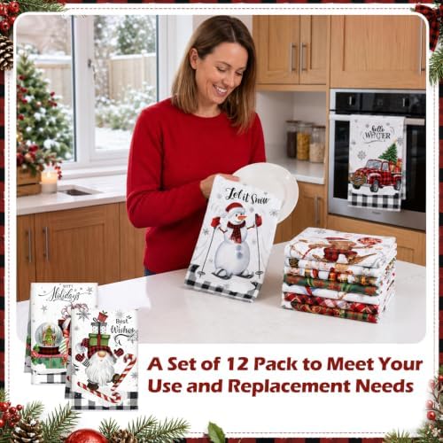 VitalCozy 12 Pcs Christmas Kitchen Towels, 14.2 x 21.3 in Dishcloth Decor