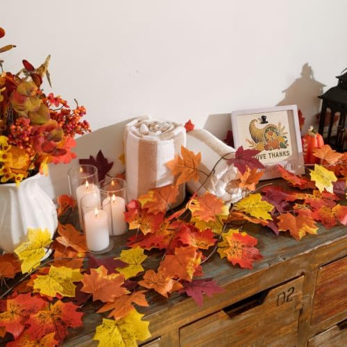 CQURE 18 Pack Fall Leaf Garland, Total 140 Ft Artificial Fall Maple Leaves Autumn Vines Garland Thanksgiving Decor for Home Fireplace Party