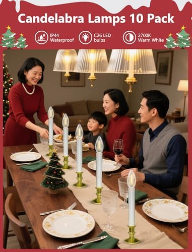 10 Pack Valentines Window Candles Lights, Battery Operated Flameless Candles with C26 LED Bulbs, 6-18H Timed Electric Candle Holders for Indoor Christmas Window Wedding Valentine's Day, Gold Base
