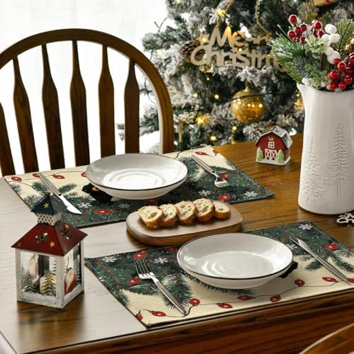 Artoid Mode Christmas Lights Cat Placemats Set of 4, 12x18 Inch Seasonal Winter Holiday Place Mats for Party Dining Table