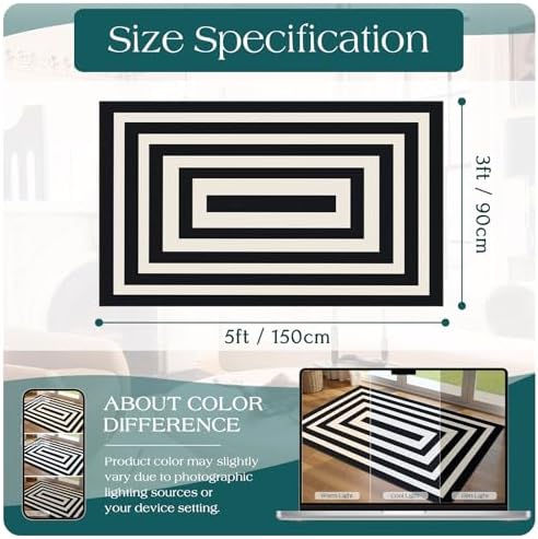 3x5 Modern Entry Rug - Small Washable Indoor Outdoor Mats for Front Door Non-Slip Porch Rug Black White Geometric