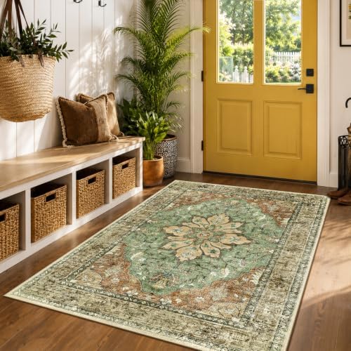 RELEANY Washable Area Rug, 4'x6', Brick/Brown/Green