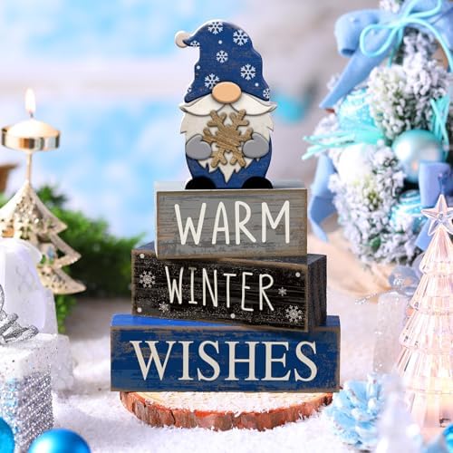 Lineshading 4 Pcs Winter Gnome Wooden Sign Blue Tiered Tray Decor Farmhouse