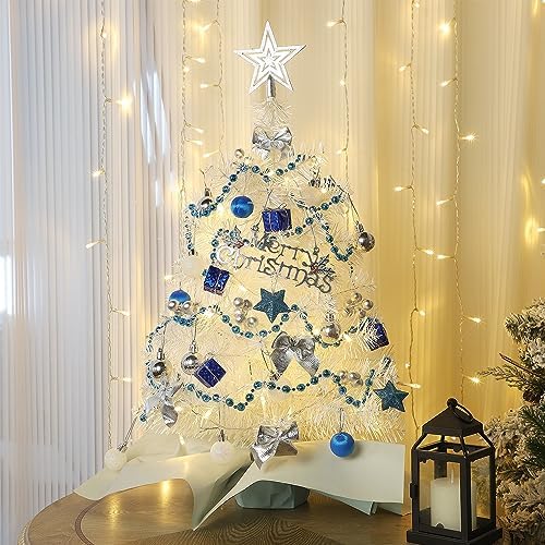 Juegoal White Mini Christmas Tree, 24 Inch/2 FT Lighted Tabletop Artificial Xmas Pine Tree, Small Spruce Tree Light Up Battery Operated & Timer with 50 LED Lights, for Holiday Winter Home Party Decor