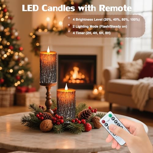 Pine Bark Flameless Candles Set of 2, Christmas Candles with Remote & Timer