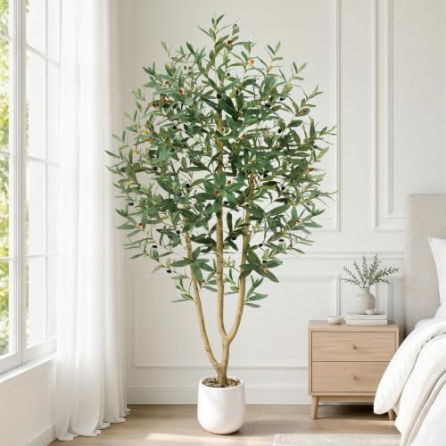 7ft Artificial Olive Tree with Tall Exquisite Planter | Realistic Faux Olive Tree with Thick Trunk and Lifelike Leaves