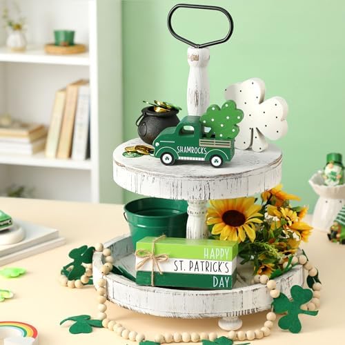 St. Patrick's Day Decor with Shamrock - Decorations for Tabletop Tiered Tray, Farmhouse Wooden Truck Signs with Book Stack, Coffee Bar Accessories, Home Bedroom Living Room Shelf and Mantle Decor