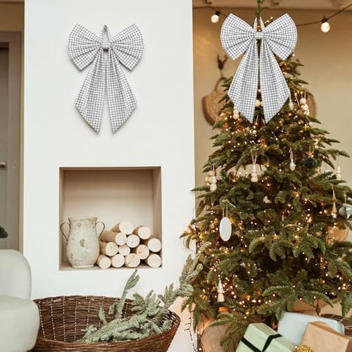 Suncalla 2 Pcs Grey Christmas Gingham Wreath Bows 18'' x 12''