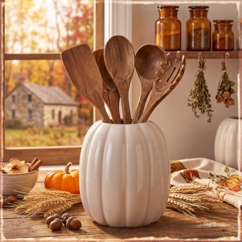 Beeveer 6.7 Inch Ceramic Pumpkin Vase, Large White Pumpkin Utensil Holder