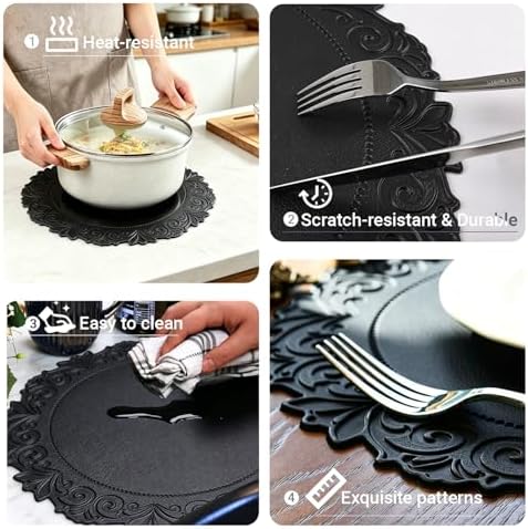 Round Faux Leather Placemats Set of 6, Dining Table Mats, Black