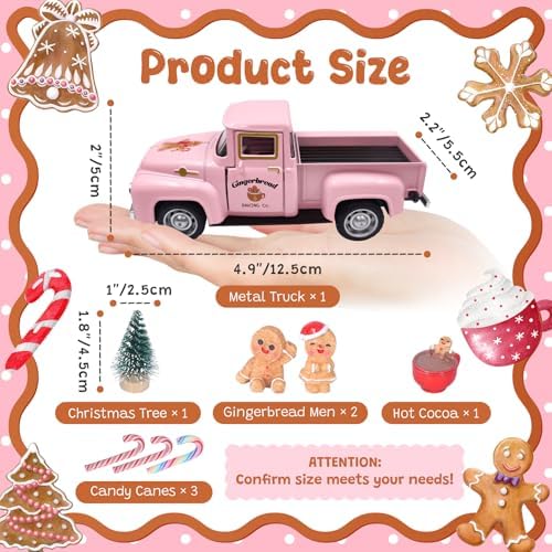 Pink Gingerbread Christmas Decor Farmhouse Metal Truck with Mini Hot Cocoa