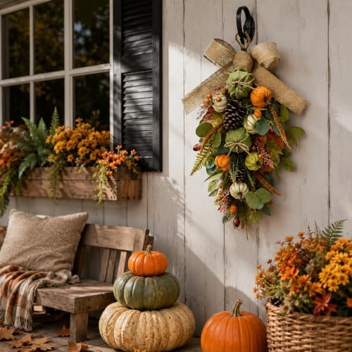 Svndlyn 25 Inch Fall Teardrop Swag with Burlap Bow, Pumpkins and Pinecones
