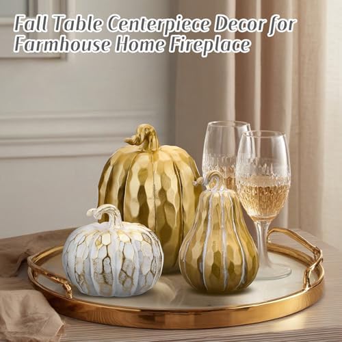 VioraWhite 3 Pack Fall Pumpkin Decor White Gold Resin Pumpkin Figurine