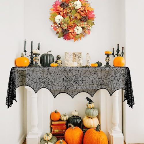 Halloween Fireplace Decoration Mantel Decoration, Cobweb Fireplace Scarf Black Lace Spiderweb Fireplace Mantel Cover for Halloween Party Supplies, Halloween Decorations Indoor Halloween Decor
