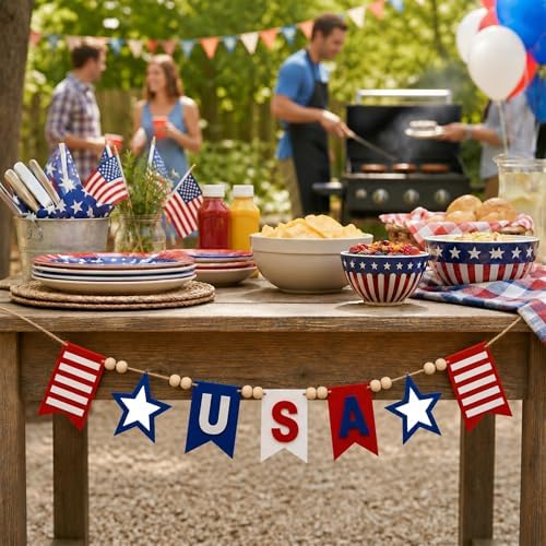 Felt USA Red White Blue Wood Bead Garland Banner for Mantel Fireplace
