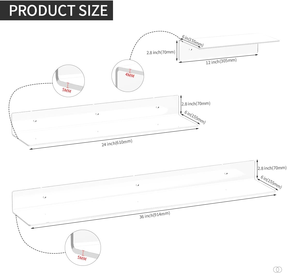 Sezanrpt Acrylic Wall Shelves 36 24 12 Inches, Clear Floating Shelf for Wall, Wall Mounted Display Shelves for Plants