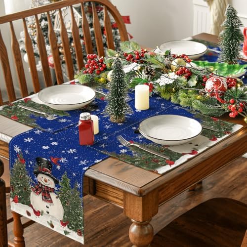 Artoid Mode Snowman Cardinals Trees Blue Christmas Placemats for Dining Table, 12 x 18 Inch Seasonal Winter Birds Xmas Holiday Rustic Vintage Thanksgiving Washable Table Mats Set of 4