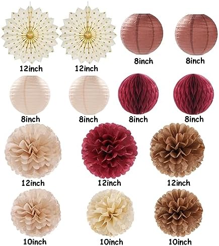 Brown Burgundy Champagne Boho Party-Decorations - 14pcs Rustic Wedding Paper Lanterns Fan,Tissue Pom Poms Streamers,Honeycomb,Fall Autumn Birthday Baby Bridal Shower Engagement Decor Lasting Surprise