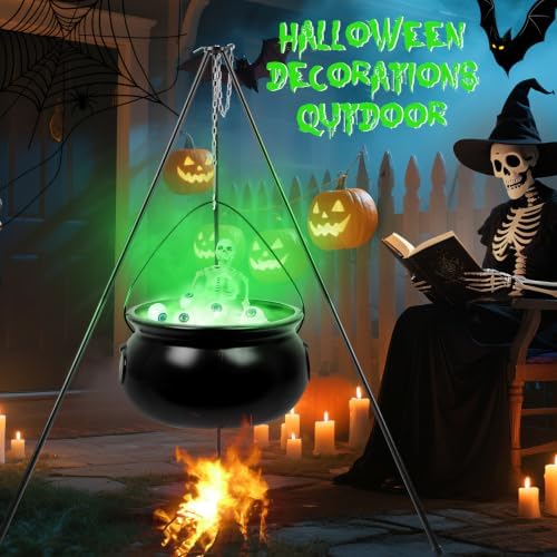 Halloween Decorations Outdoor, Large Witch Cauldron, with Large Tripod/Green Lights/Cotton/40CM Skull/Green Glowing Eyes, Witch Cauldron Magic Candy Bucket Decoration, for Porch Outdoor Party