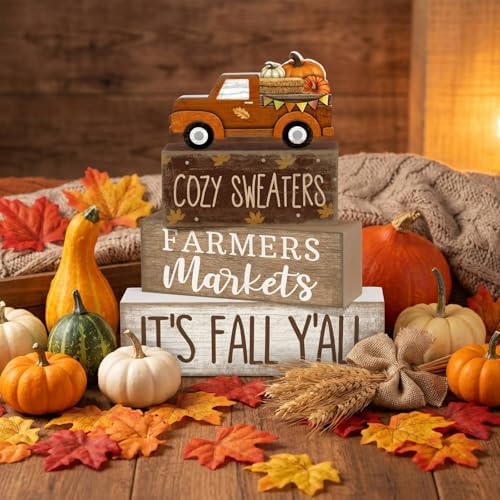 Lineshading 4 Pcs Fall Wooden Block Table Decor Stacked Signs Truck Topper