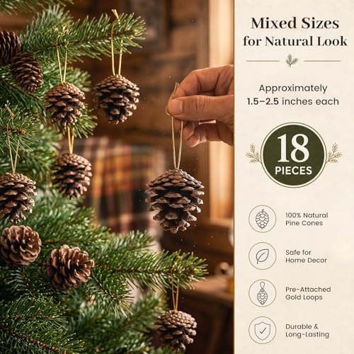 JOHOUSE 18 PCS Hanging Natural Pine Cones (1.5" - 2.5"), Rustic Pinecones
