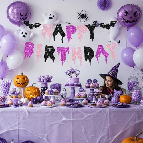 Glitter Pink Purple Black Happy Birthday Halloween Banner - NO DIY - Halloween Hanging Paper Garland Bunting Banner Decorations, Party Supplies for Kids Boy Girl Birthday
