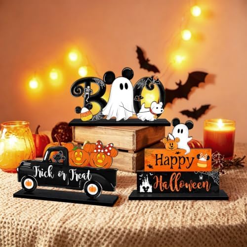 3 Pieces Halloween Table Signs Decorations, Pumpkins Ghost Truck BOO Table Centerpiece Wooden Sign, Halloween Tabletop Home Decor for Party Indoor Tiered Tray