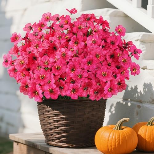 24PCS UV Resistant Artificial Flowers for Outdoors, Rosy Red