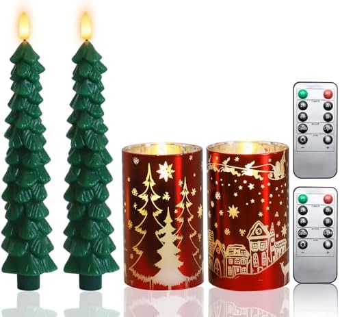 MUMCHASI Chritsmas Flameless Candles, Battery Operated Christmas Candles, Real Wax Glass Flickering LED Candles, Tree Candlestick for Home Christmas Decor, Remote Timer
