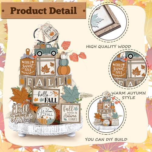 DoubleFill 21 Pcs Fall Tiered Tray Decoration Set Autumn Table Sign
