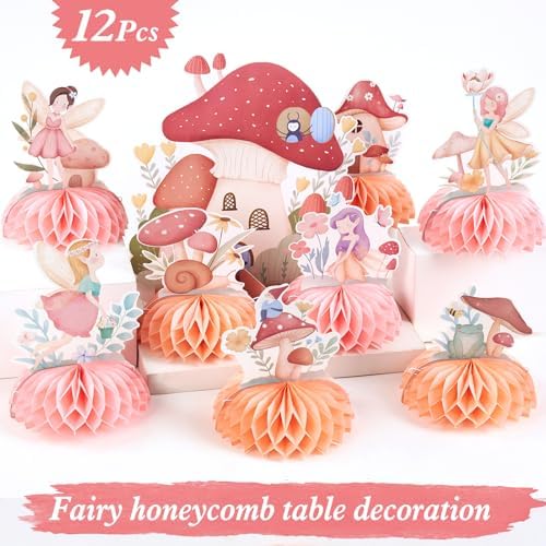 SUNBEAUTY 12 PCS Fairy First Birthday Decoration Fairy Centerpieces for Tables Mushroom Honeycomb Centerpieces Butterfly Flowers Birthday Party Decorations for Spring Garden Baby Shower