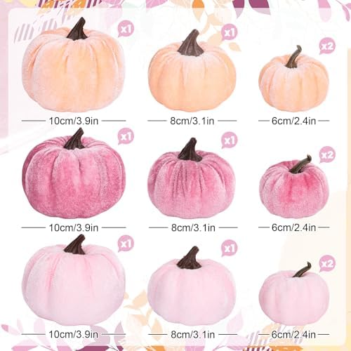 Whaline 12Pcs Fall Artificial Pumpkins Blush Coral Pink Peach Pink Fake Velvet Pumpkins 3 Sizes Autumn Foam Pumpkin Table Centerpiece for Fall Baby Shower Thanksgiving Halloween Party Decoration