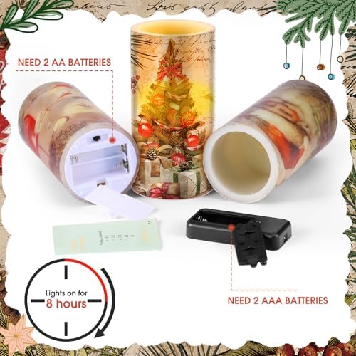 Retisee 3 Pcs Christmas Flameless Candles with Remote Timer Real Wax LED Flickering Pillar Candle White Cold Light Battery Operated for Home Window Xmas Gift Winter Holiday Decor(Retro)