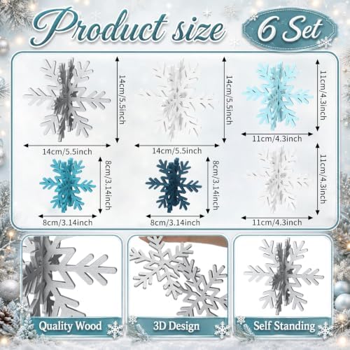 Bucherry 12 Pcs Wooden Snowflakes Table Decor,White, Gray, Blue