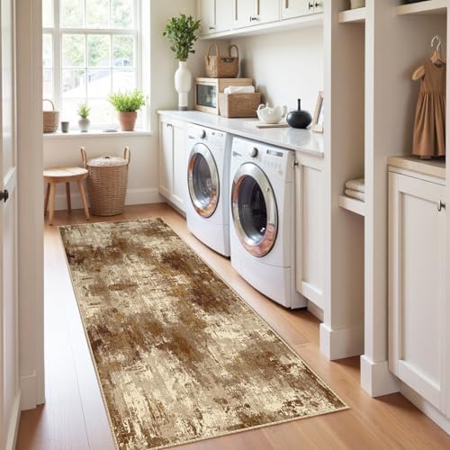 RELEANY Washable Runner 2'x8' Abstract Area Rug for Hallway Brown Tan