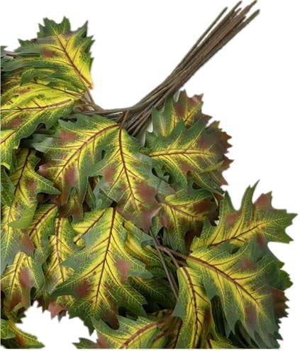 12pcs Artificial Oak Tree Branch Faux Eiche Leaf Stem Three Forks per piece for Greenery Wall Floral Decoration (Yellow Green)