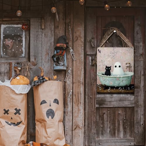 Funny Halloween Bathroom Decor, Cute Halloween Decorations Indoor, Spooky Halloween Wall Art Wooden Hanging Sign, Ghost Black Cat Farmhouse Wood Block Plaque Sign Decor for Home Toilet Bathroom