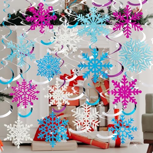 Snowflake Decorations, Christmas Hanging Decor, 48 Glitter Snowflake Swirls