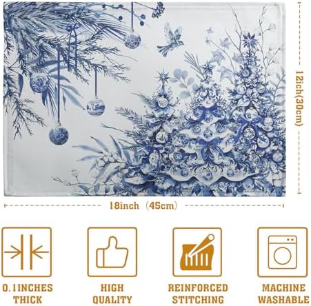 Blue and White Christmas Tree Placemats Set of 4, 12x18 Inch Chinoiserie Xmas Place Mats Winter Holiday Washable Linen Table Mats for Party Kitchen Dining Outdoor Indoor Decor