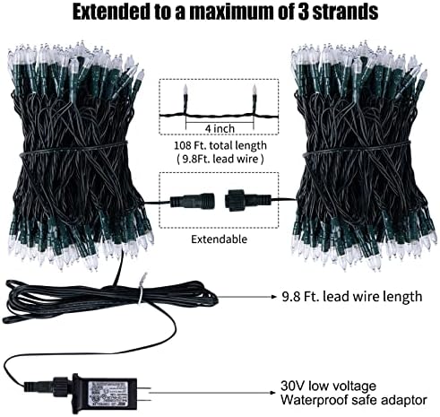 LED Christmas Mini Lights, 108 Feet 300 LED Clear Bulbs String Lights with 8 Light Modes, Connectable Fairy Lights Plug in for Outdoor Xmas Trees Garland Wreath Holiday Decorations, Warm White