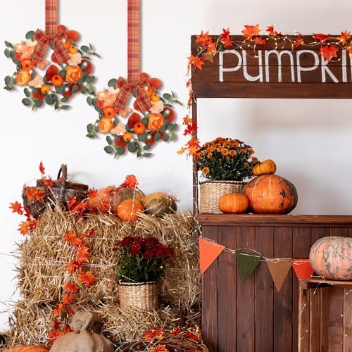 Thiccywoov 2 Pack 9'' Fall Small Wreath for Cabinet with LED String Light