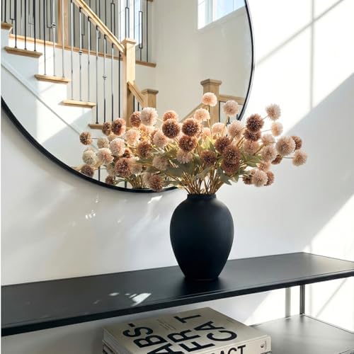 22pcs Artificial Beige & Brown Kiku Flowers with Eucalyptus Stems Bulk, Faux Silk Mum Pom Poms for Vase, Modern
