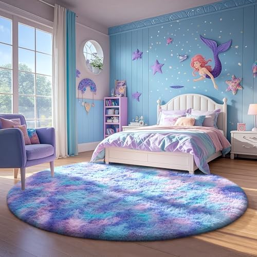 Ophanie Round Rugs 5Ft Tie-Dye Rainbow Purple Area Rug,Aesthetic Room Decor,Fluffy Fuzzy Bedroom Carpet,Plush Soft