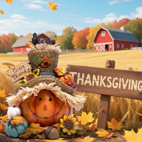 Hodao Pumpkin Figurine with Give Thanks Sign, Thanksgiving Decorations