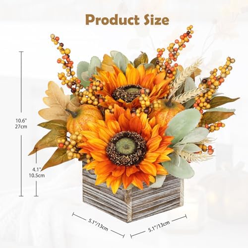 DILATATA Fall Decor Autumn Harvest Floral Centerpiece with Artificial Sunflowers Lambs Ear Gourd and Berries Arrangement for Thanksgiving Party Mantel Fall Decor